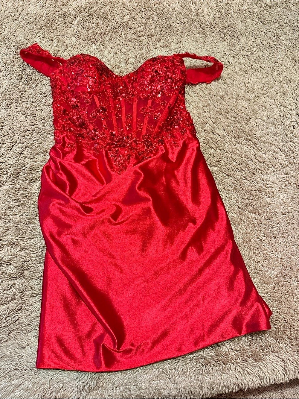 Stacees SBS57 Sequin Off-Shoulder Mini Dress in Red XS NWT